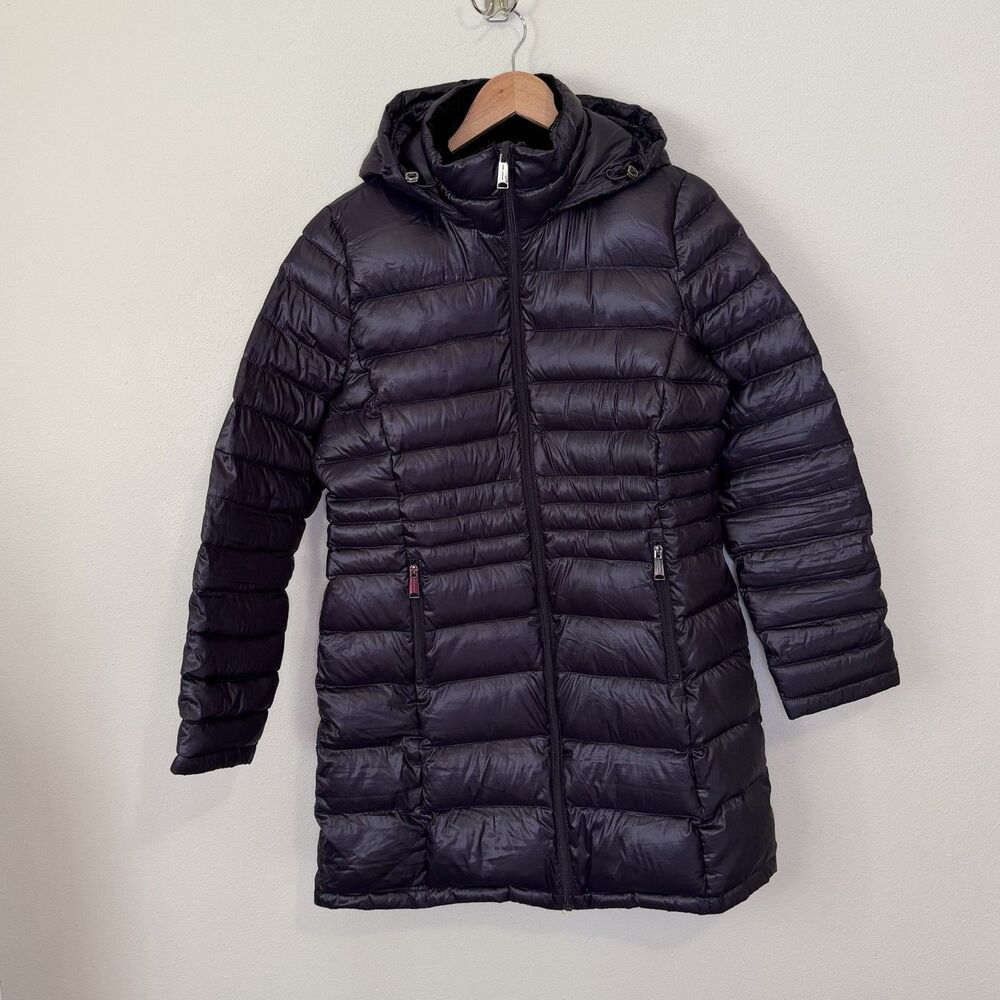 Andrew Marc Packable Down Long Puffer Coat Womens L Purple Hooded Lightweight